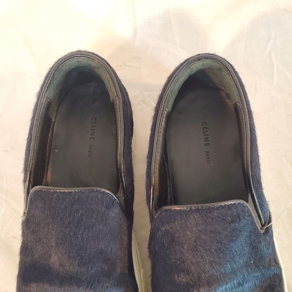 Celine Women's Size 37.5 Navy Blue Pony Hair Sneakers Shoes View 3